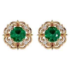 1 3/4 Carat Emerald And Diamond Antique Stud Earrings In 14 Karat Yellow Gold