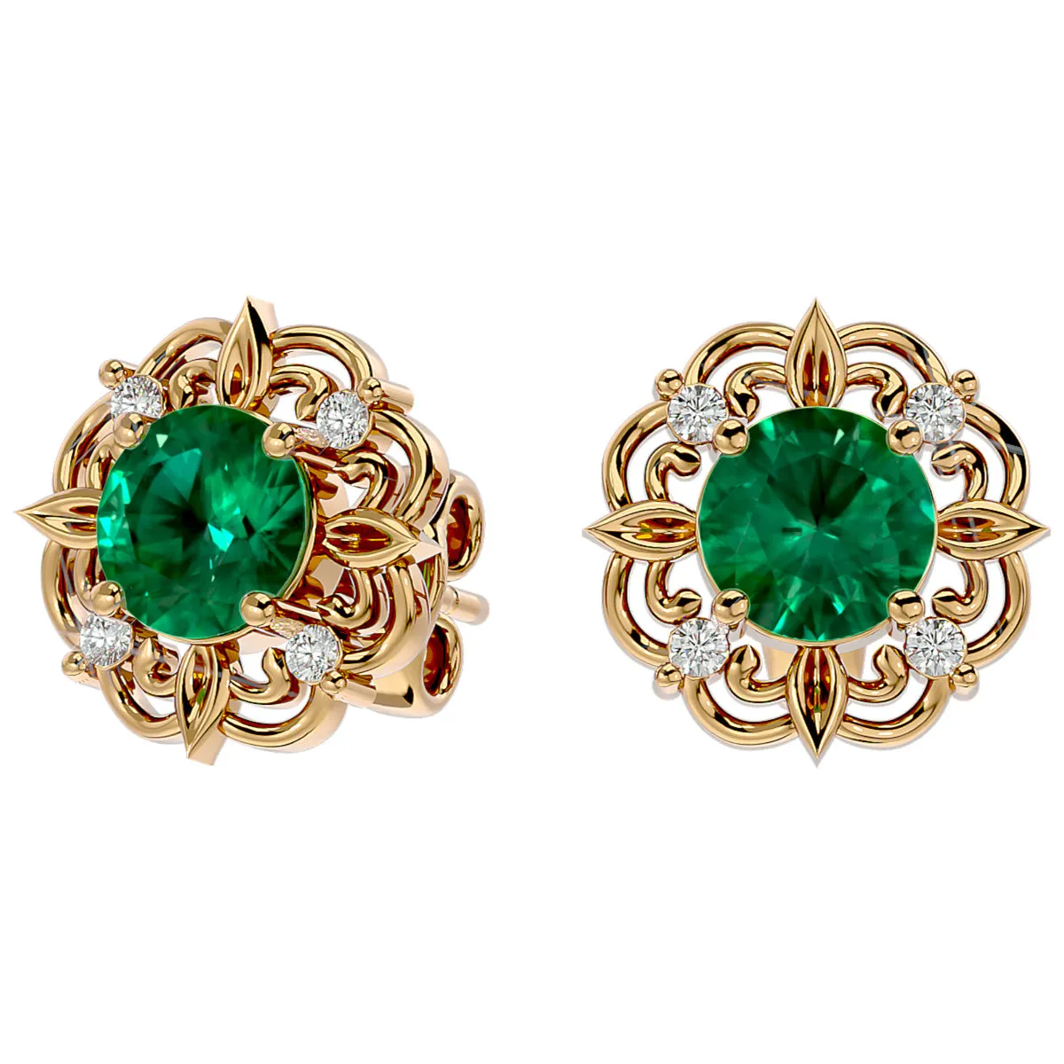 1 3/4 Carat Emerald And Diamond Antique Stud Earrings In 14 Karat Yellow Gold