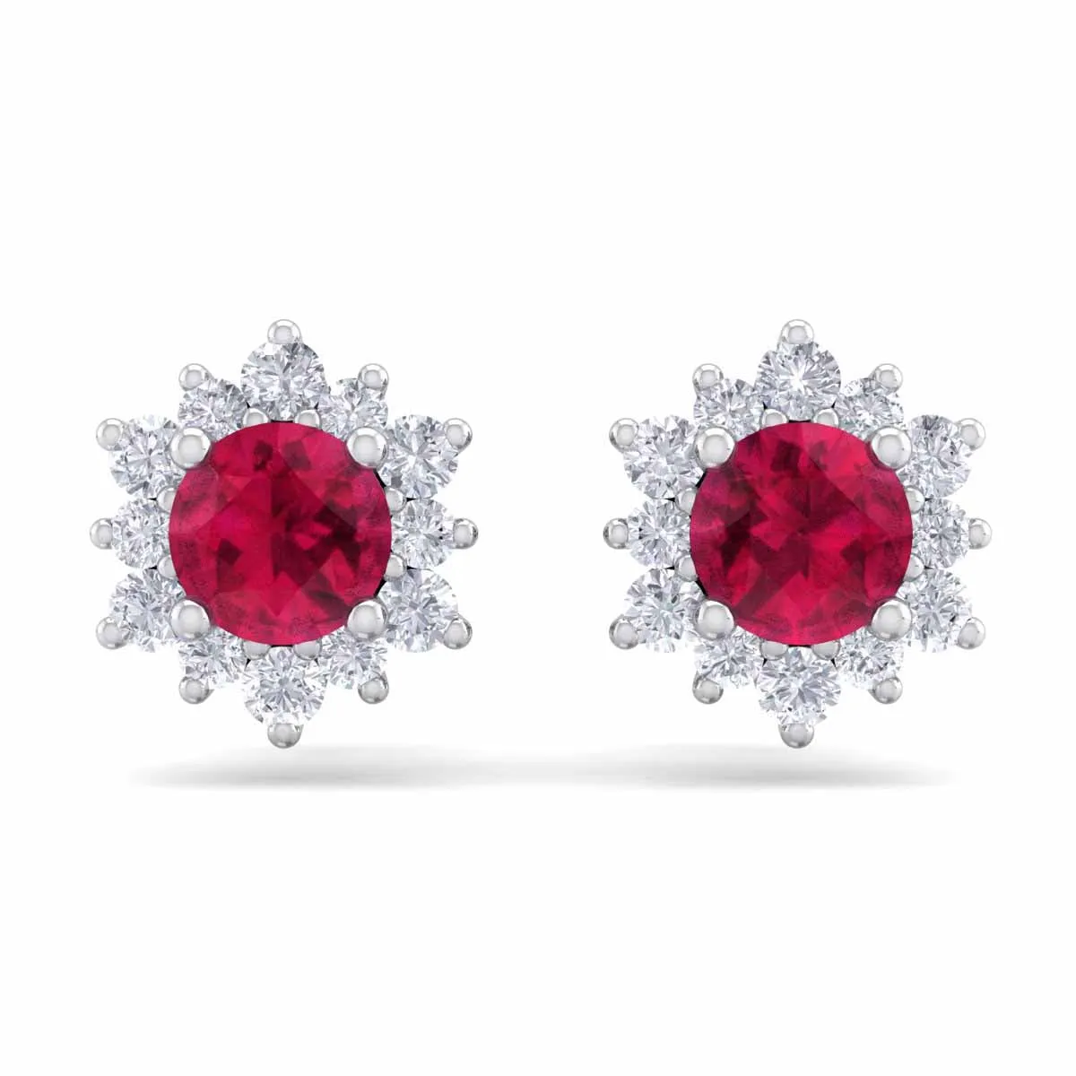 1 Carat Round Shape Flower Ruby And Diamond Halo Stud Earrings In 14 Karat White Gold