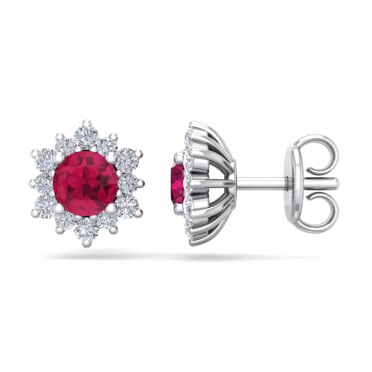 1 Carat Round Shape Flower Ruby And Diamond Halo Stud Earrings In 14 Karat White Gold