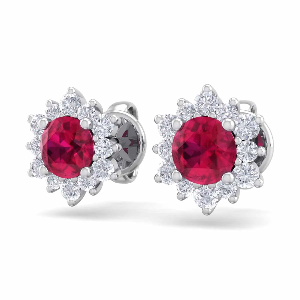 1 Carat Round Shape Flower Ruby And Diamond Halo Stud Earrings In 14 Karat White Gold