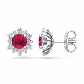 1 Carat Round Shape Flower Ruby And Diamond Halo Stud Earrings In 14 Karat White Gold