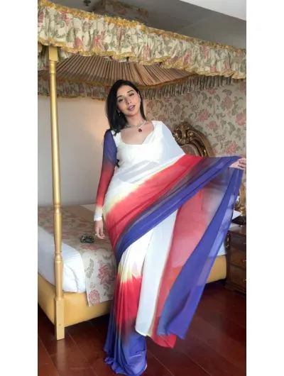 1 Min White Shaded Chiffon Silk with Digital Print Stitched Readymade Sari