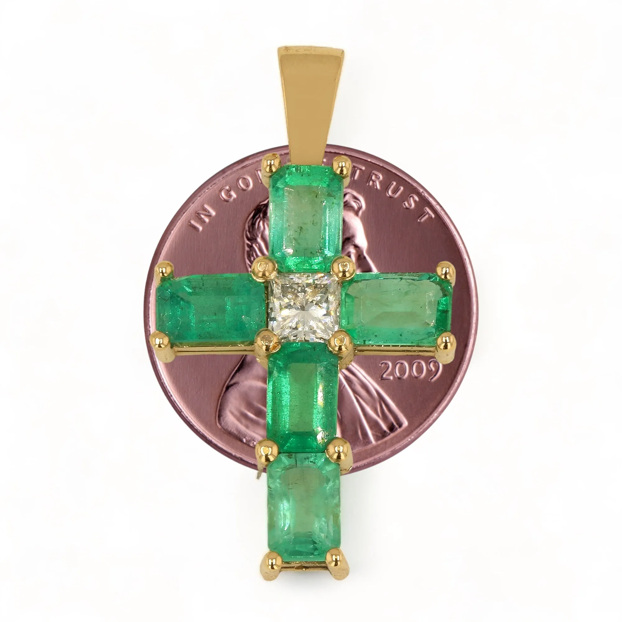 14K Yellow Gold Emerald and Diamond Cross Pendant - 1016