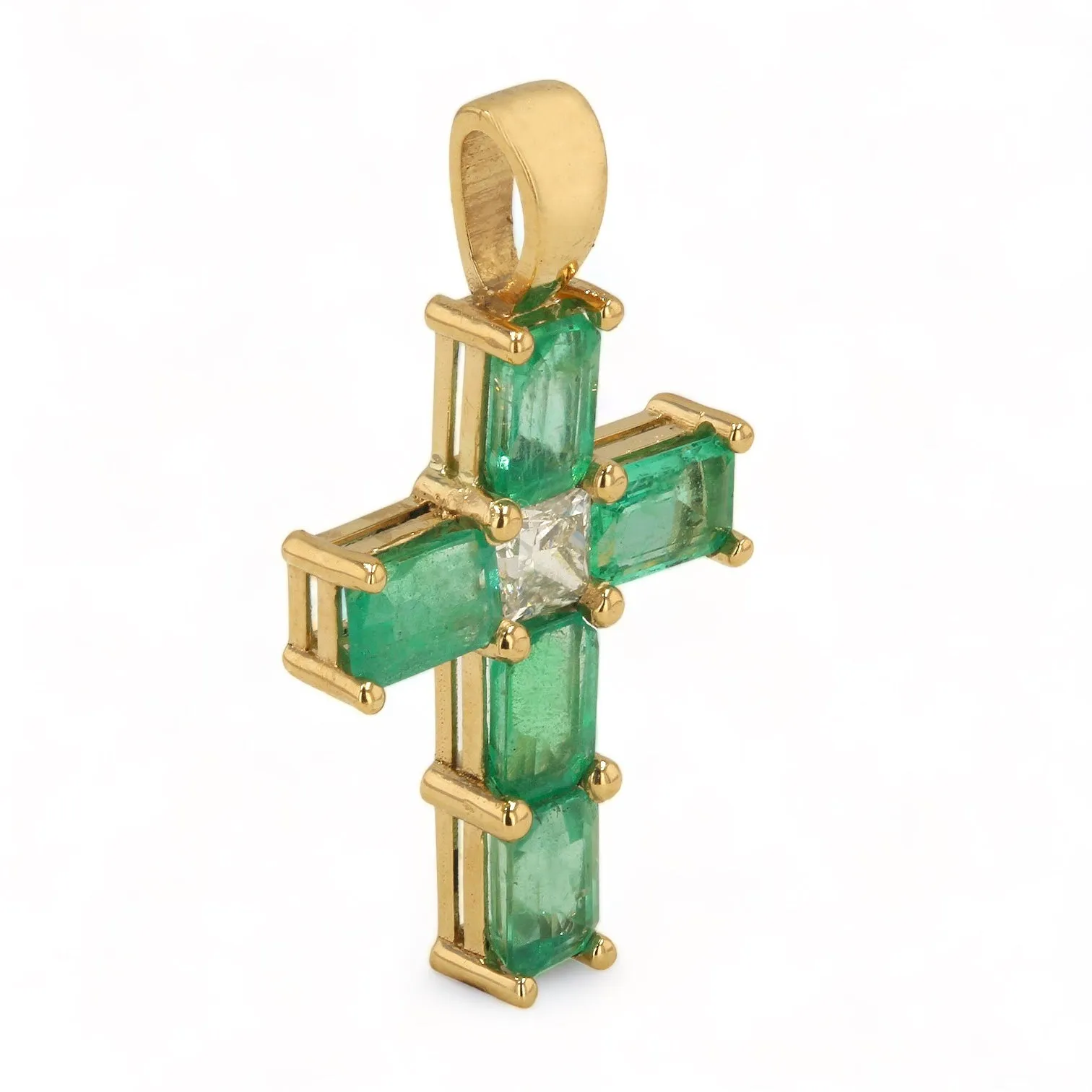 14K Yellow Gold Emerald and Diamond Cross Pendant - 1016