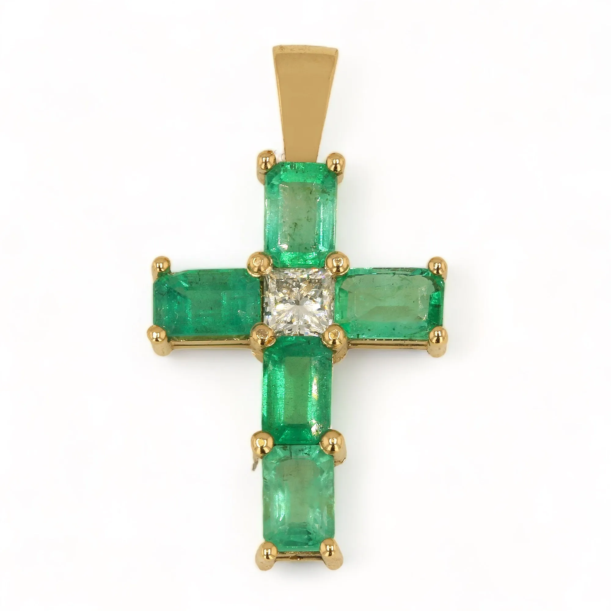 14K Yellow Gold Emerald and Diamond Cross Pendant - 1016