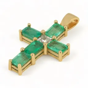 14K Yellow Gold Emerald and Diamond Cross Pendant - 1016