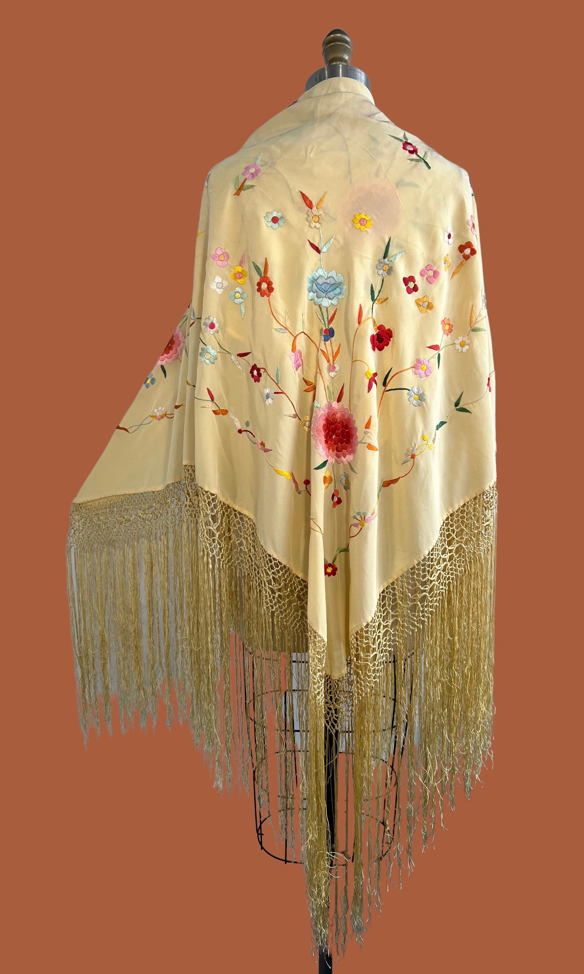 1950's-70's Floral Embroidered Fringe Piano Shawl, One Size