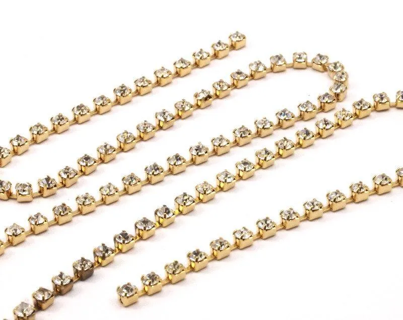 2 Feet Vintage 3 Mm Crystal Rhinestone Chain With Brass Frame - Made In Austria AU21   Z138