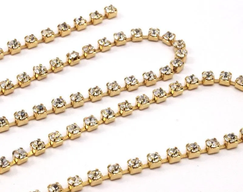 2 Feet Vintage 3 Mm Crystal Rhinestone Chain With Brass Frame - Made In Austria AU21   Z138