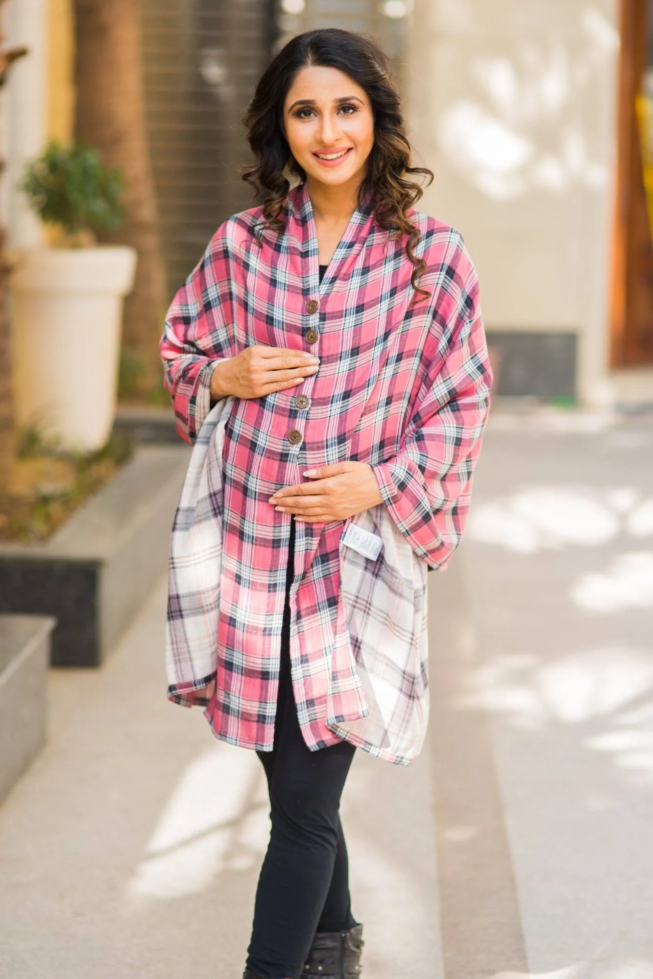 2 in 1 Double Sided Rose Pink Plaid Nursing Stole