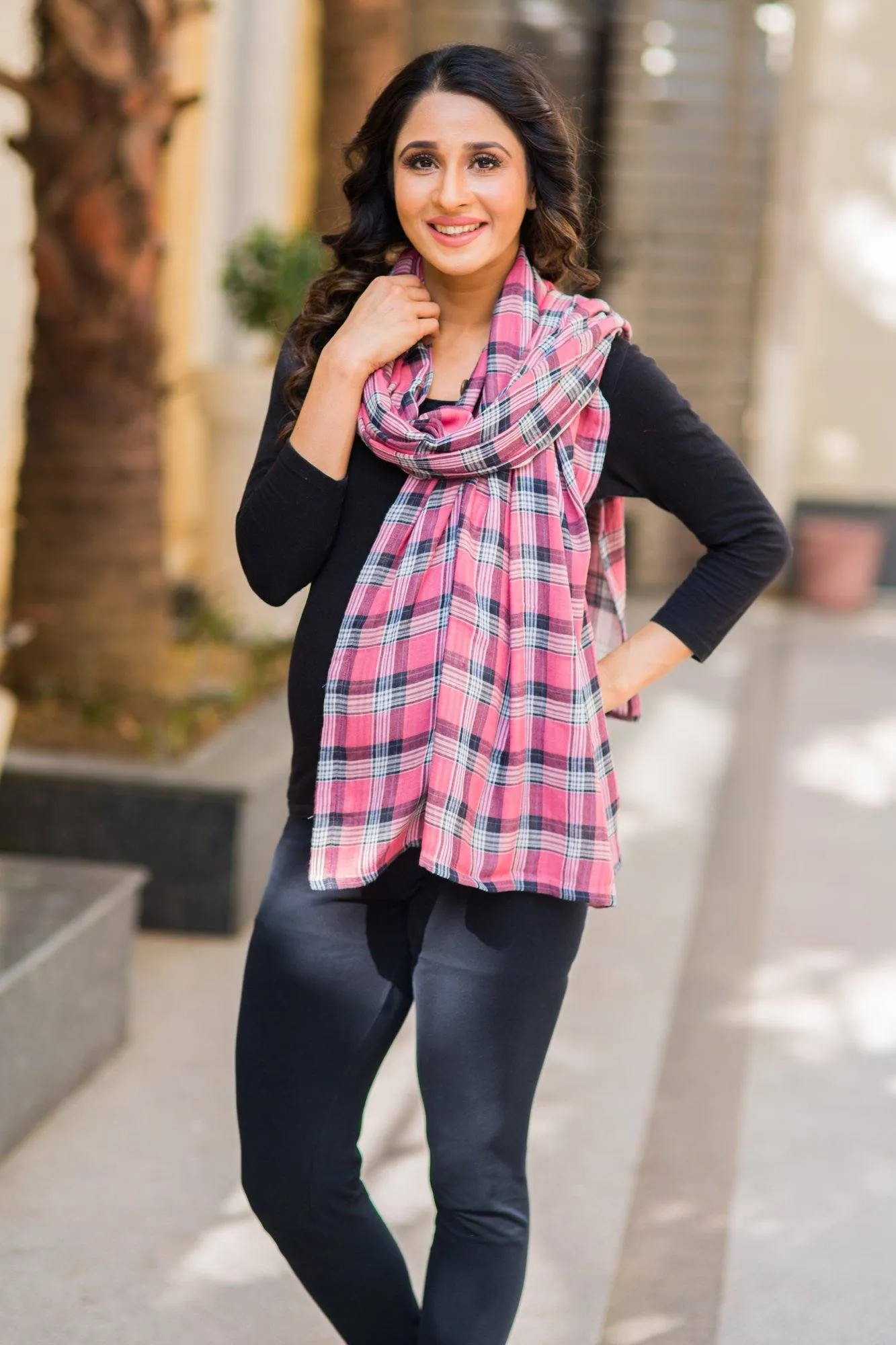 2 in 1 Double Sided Rose Pink Plaid Nursing Stole