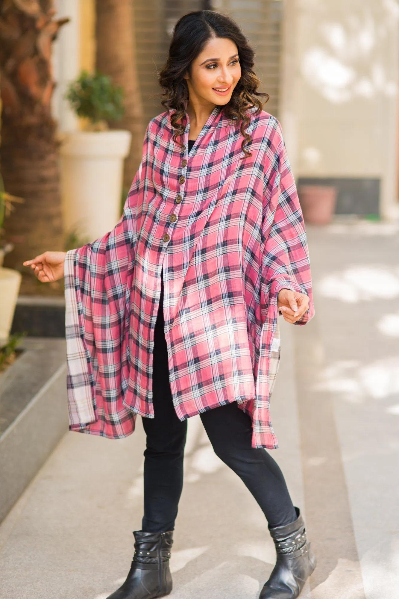 2 in 1 Double Sided Rose Pink Plaid Nursing Stole