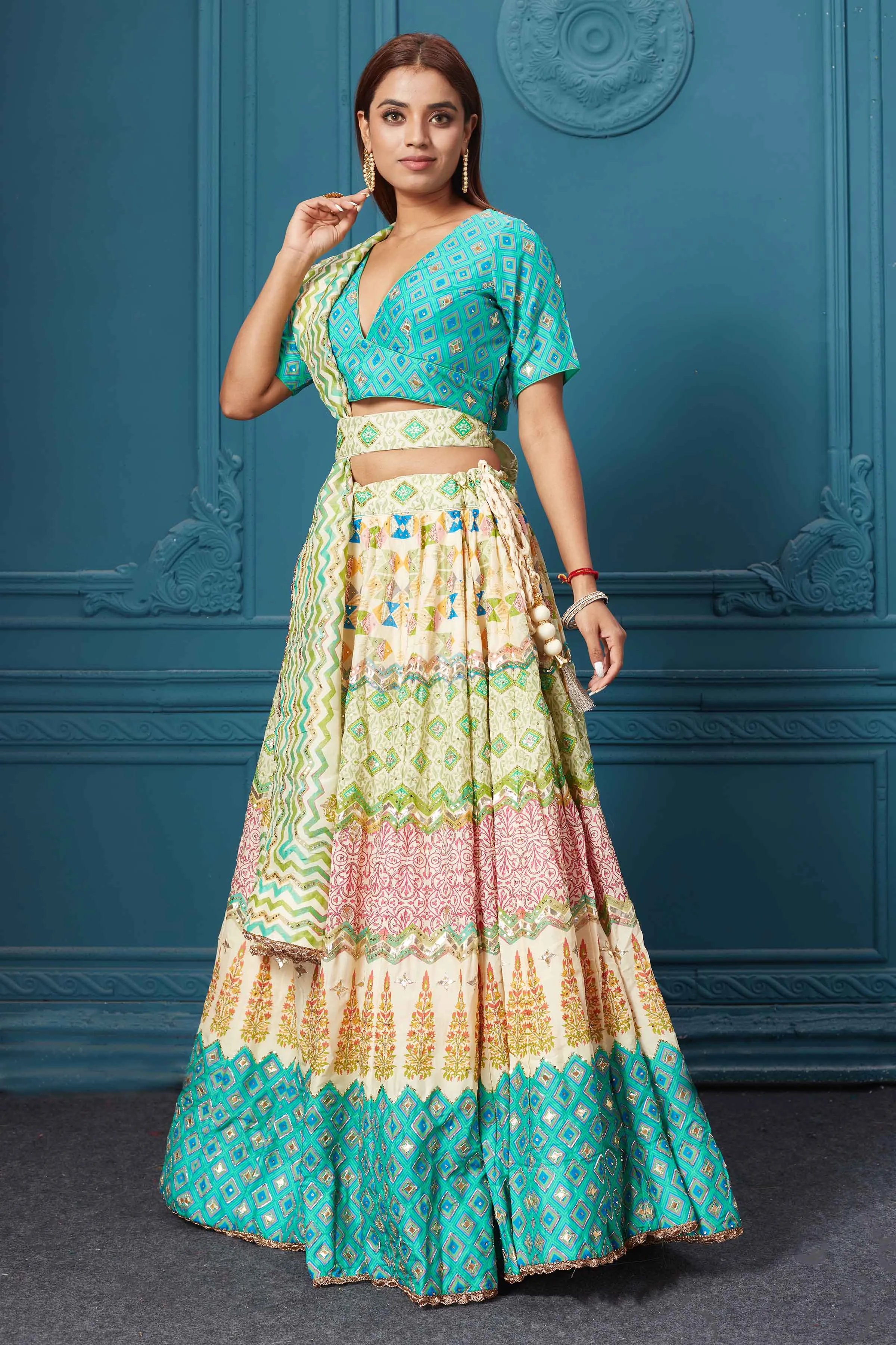 310033 White and Blue Printed Lehenga with Dupatta