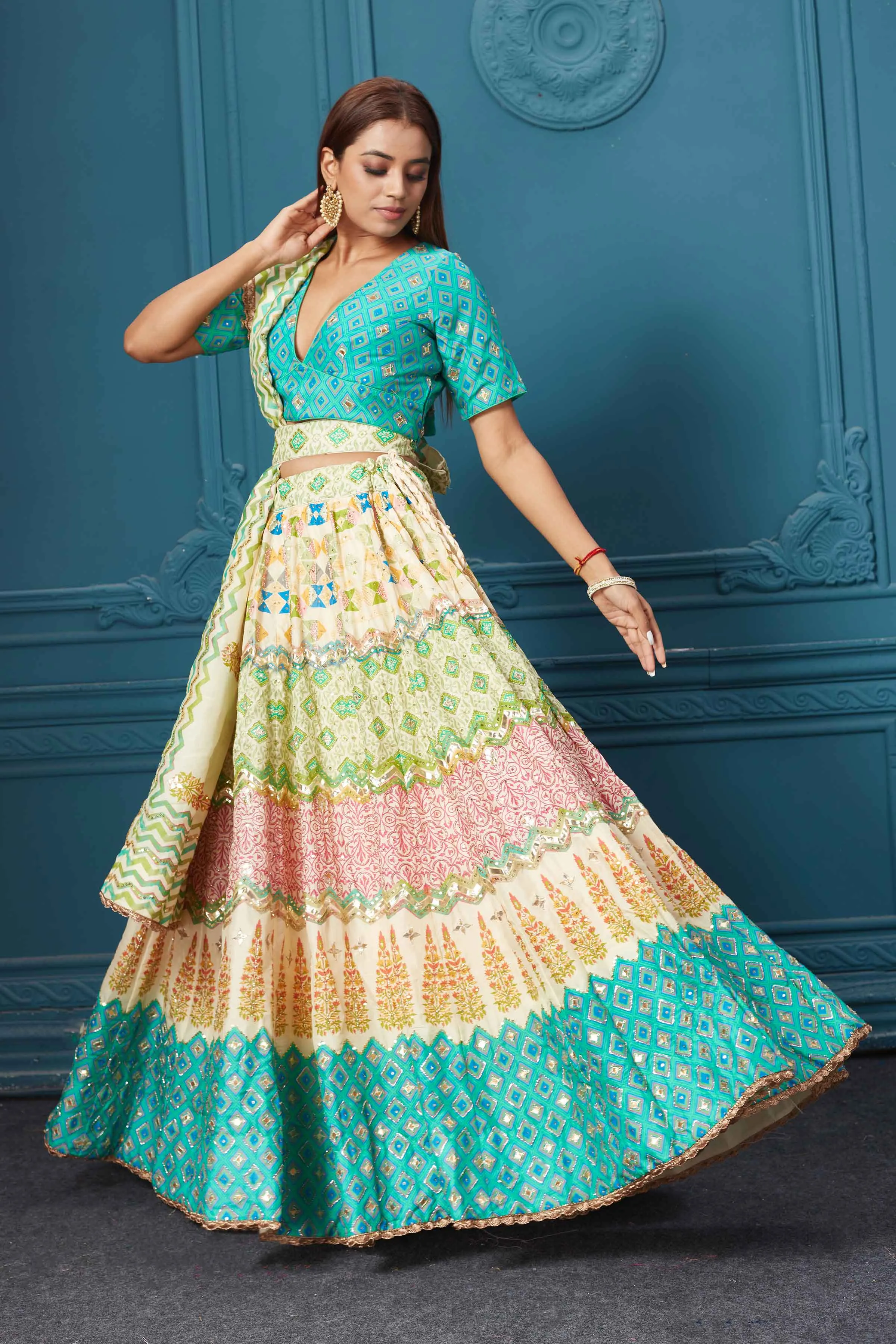 310033 White and Blue Printed Lehenga with Dupatta