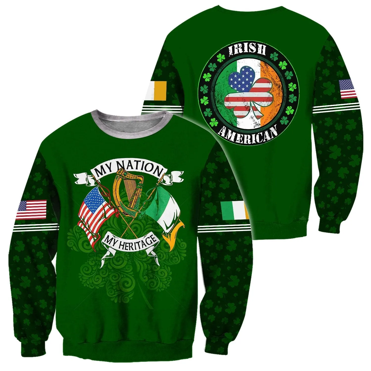 3D All Over Print Irish and American Shirt, St. Patrick's Day American Iceland Flag Shirt, USA Flag Shirt, Shamrock Shirt