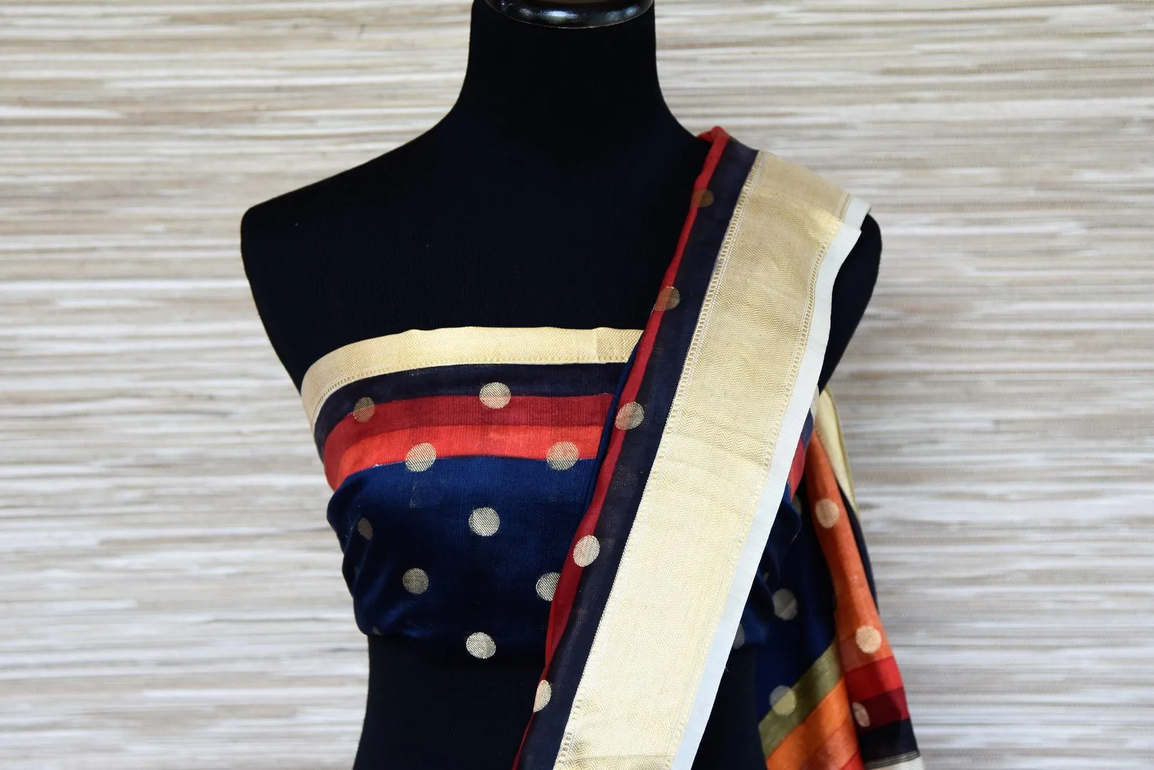 90I500-RO Dark Blue Zari Buta Muga Silk Sari with MultiColor Zari Border