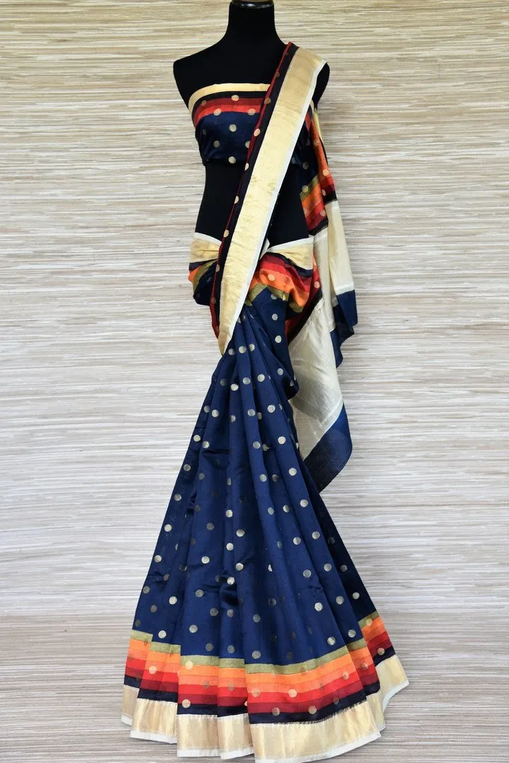 90I500-RO Dark Blue Zari Buta Muga Silk Sari with MultiColor Zari Border