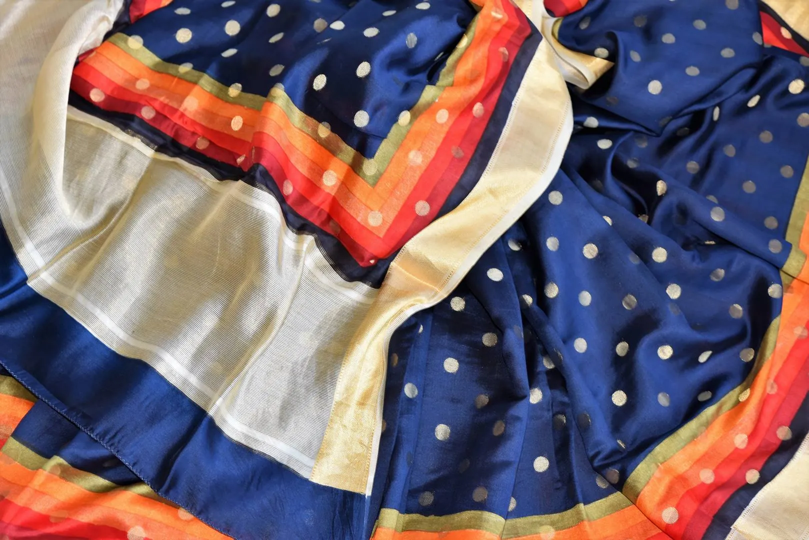 90I500-RO Dark Blue Zari Buta Muga Silk Sari with MultiColor Zari Border