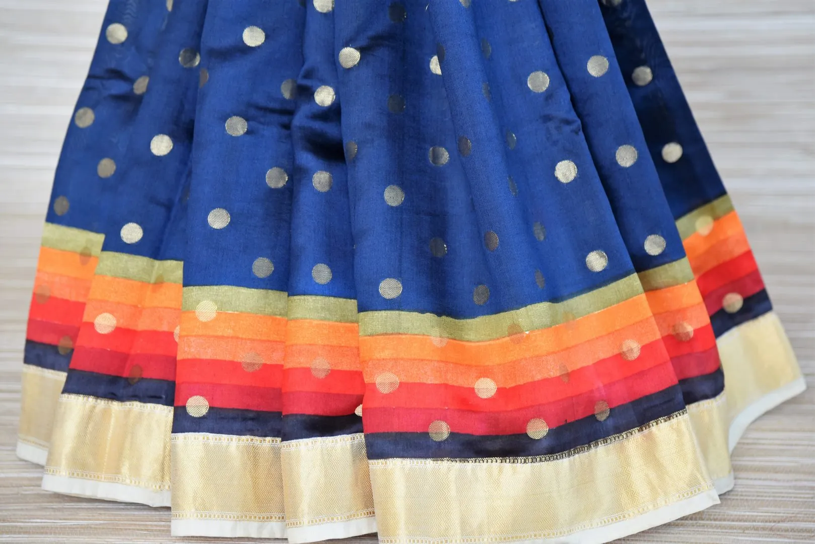 90I500-RO Dark Blue Zari Buta Muga Silk Sari with MultiColor Zari Border