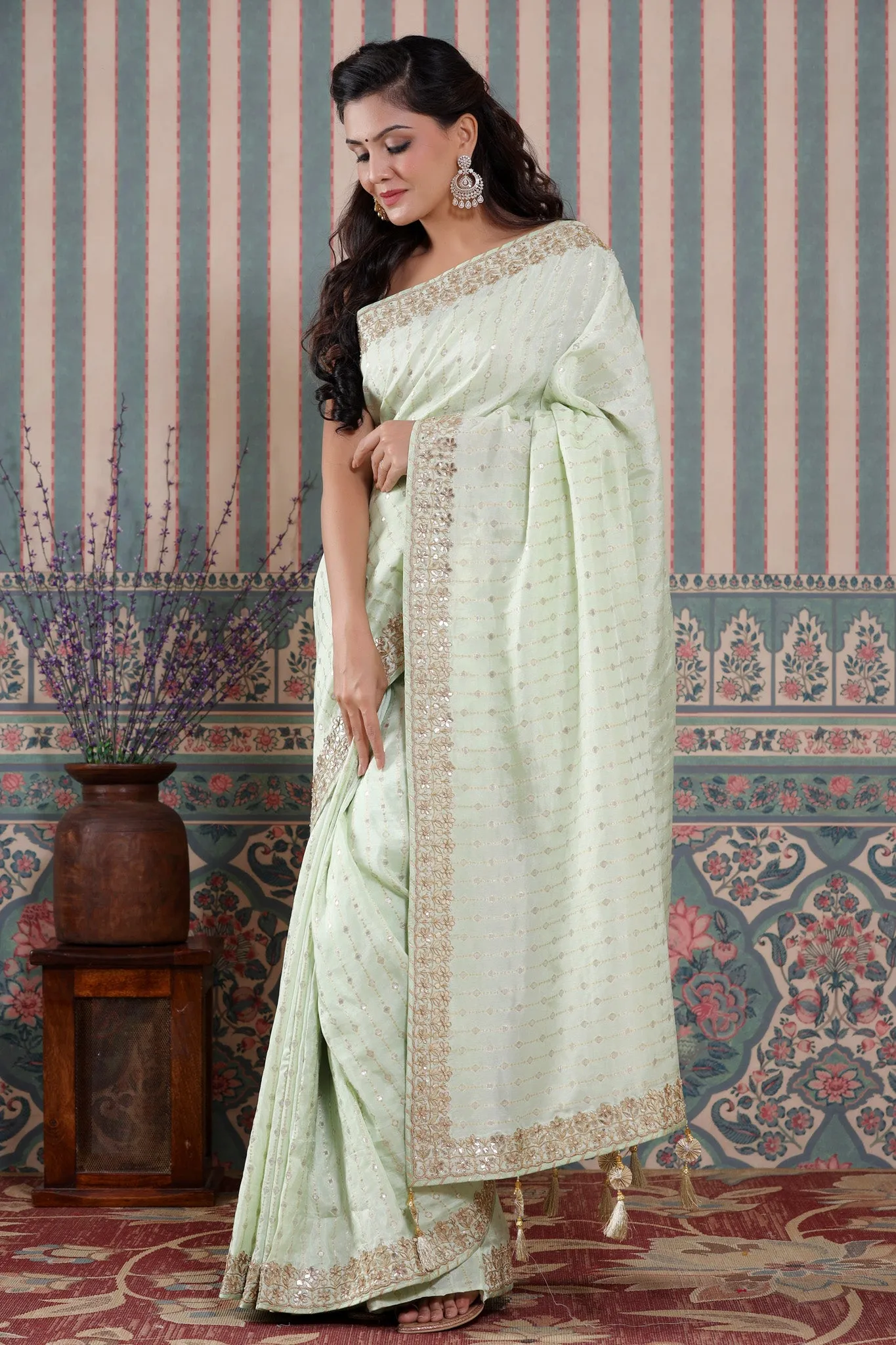 90Z587-NRO Mint Green Organza Silk Saree with Embroidered Border