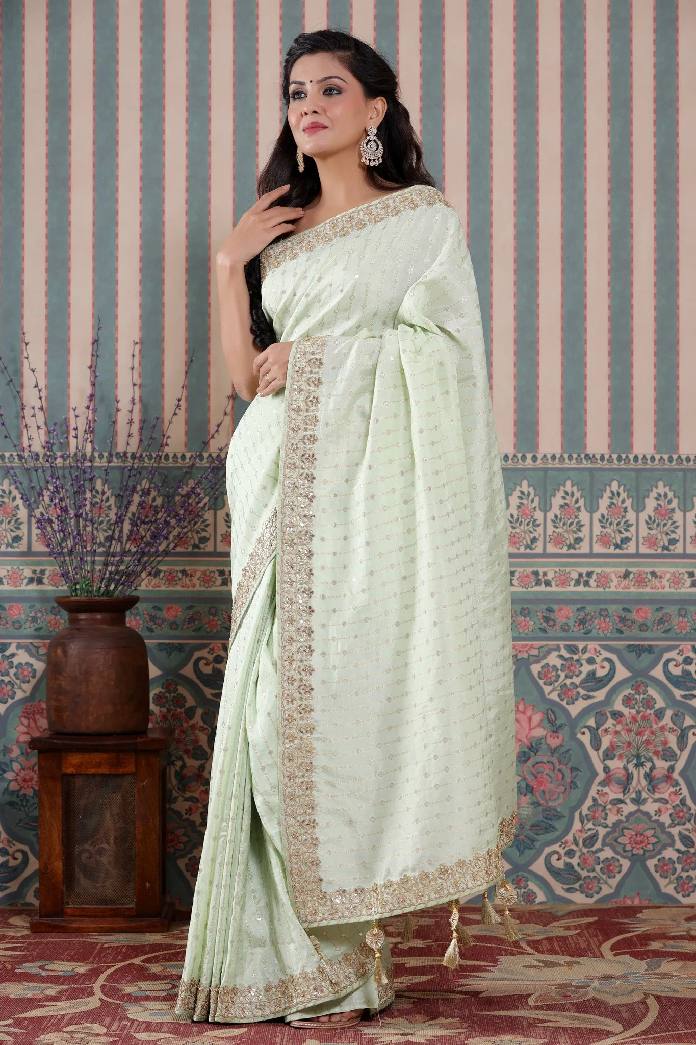 90Z587-NRO Mint Green Organza Silk Saree with Embroidered Border