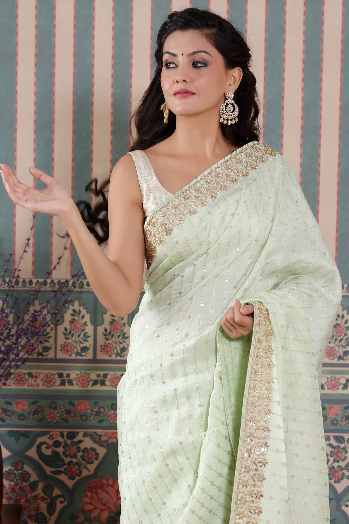 90Z587-NRO Mint Green Organza Silk Saree with Embroidered Border