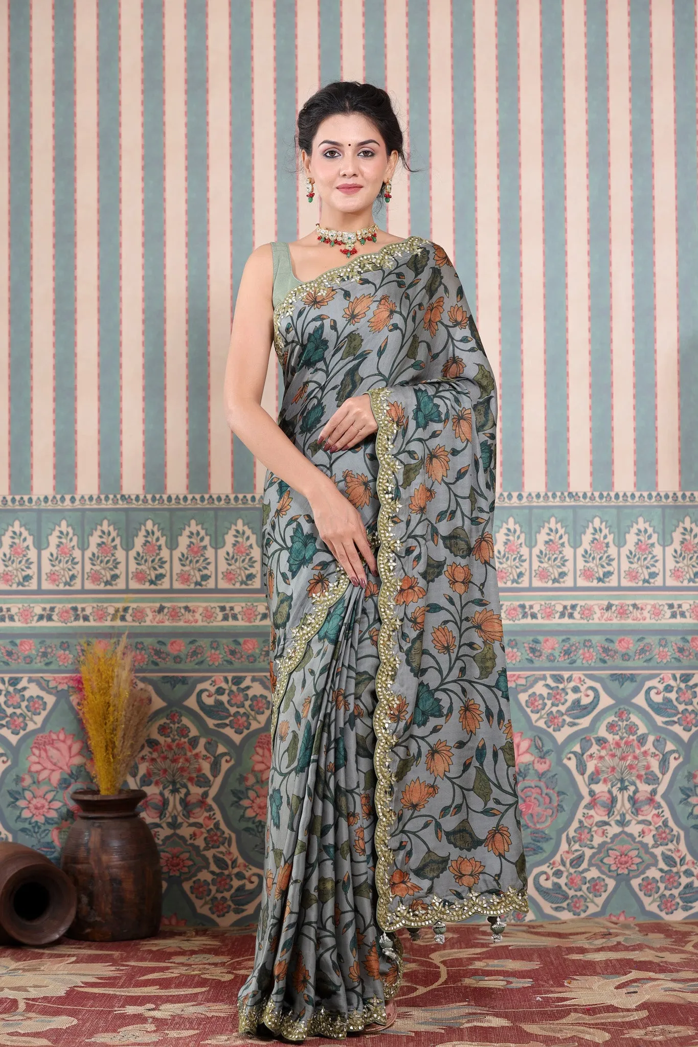 90Z610-RO Grey Printed Mulbery Silk Saree with Scalloped Border