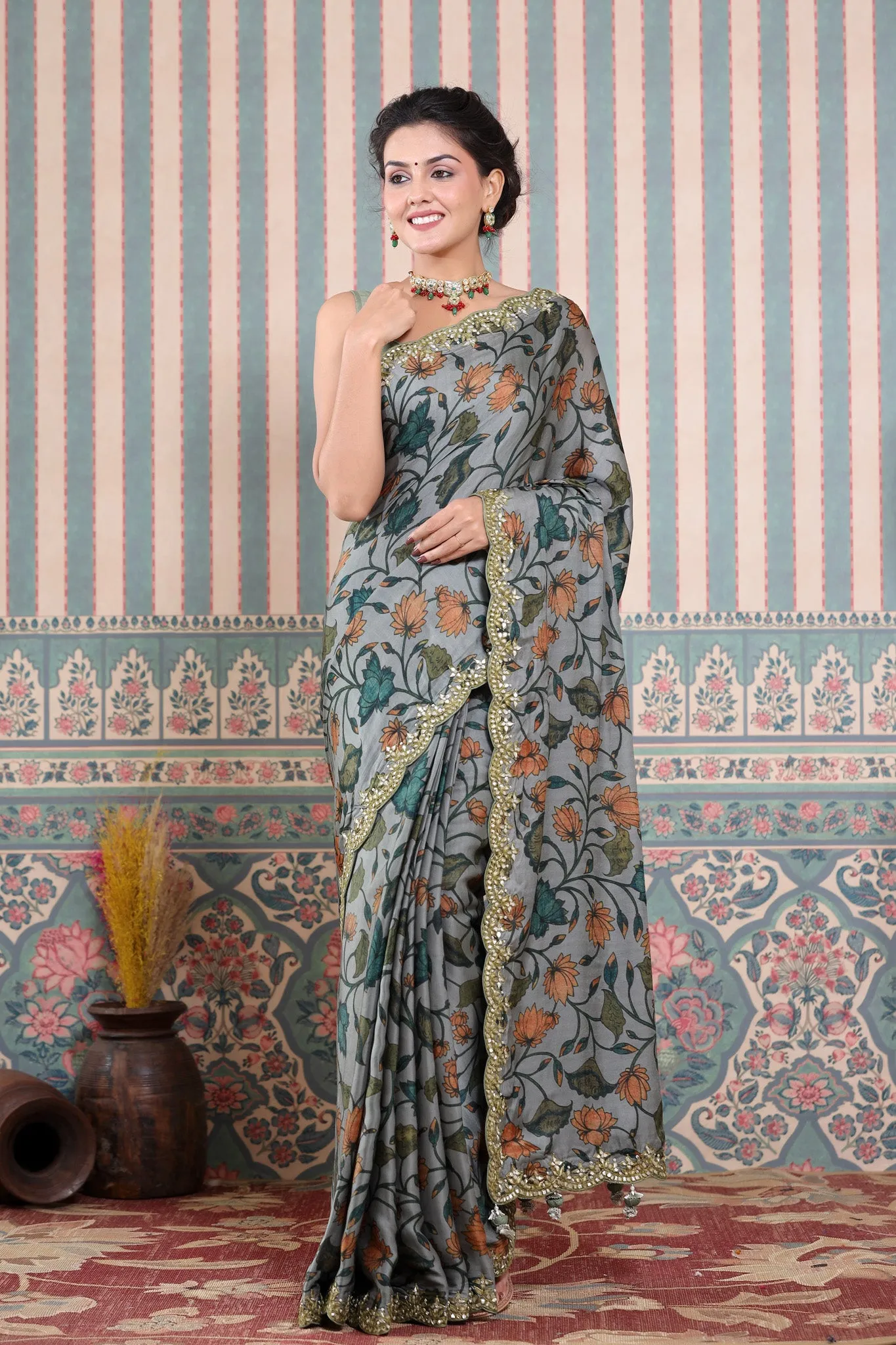 90Z610-RO Grey Printed Mulbery Silk Saree with Scalloped Border