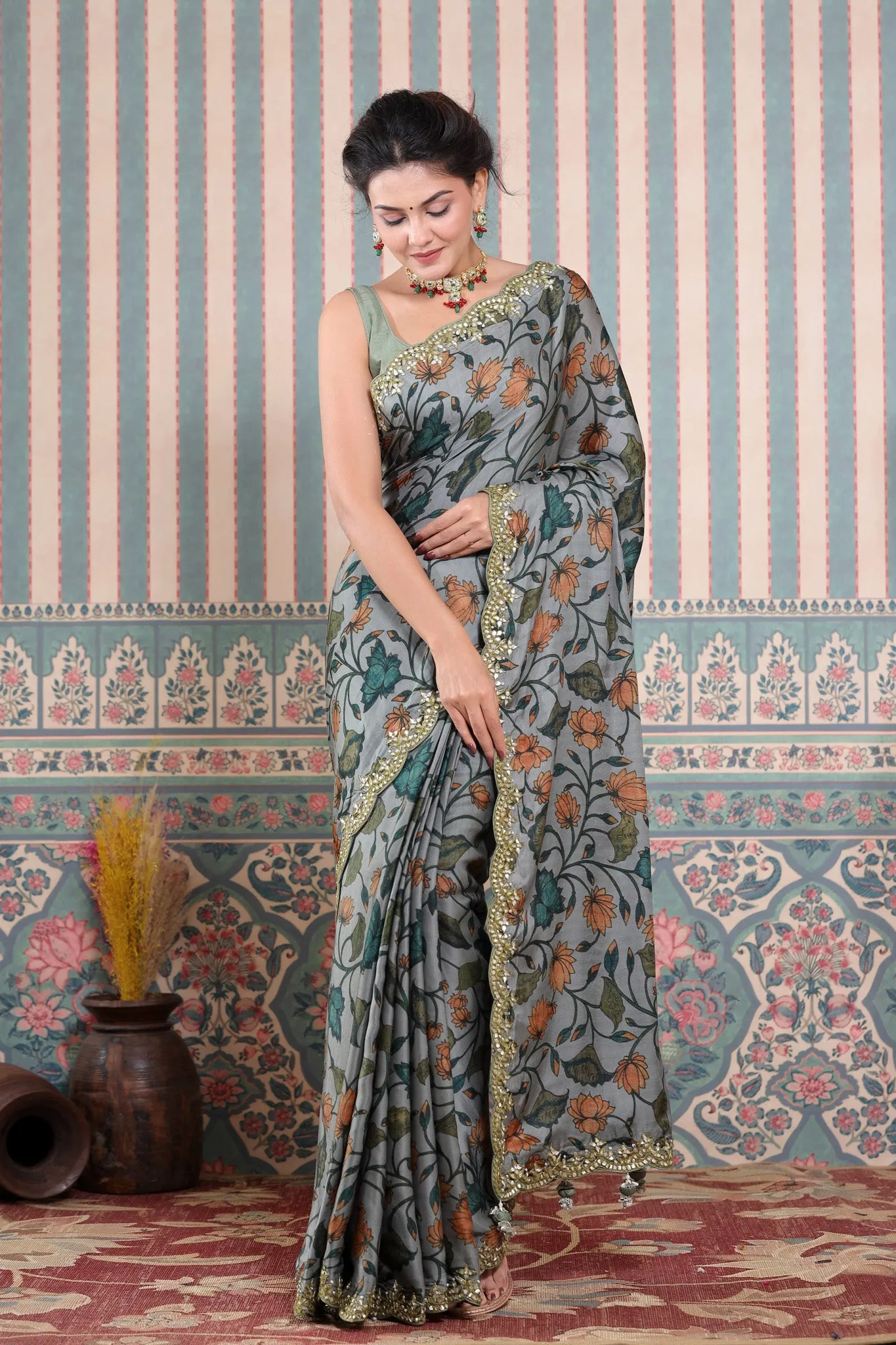 90Z610-RO Grey Printed Mulbery Silk Saree with Scalloped Border