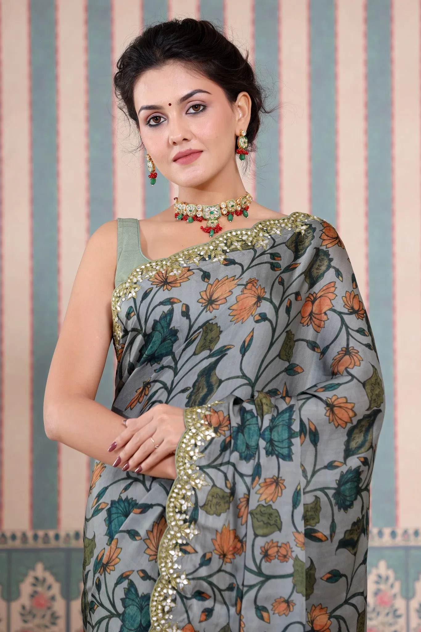 90Z610-RO Grey Printed Mulbery Silk Saree with Scalloped Border