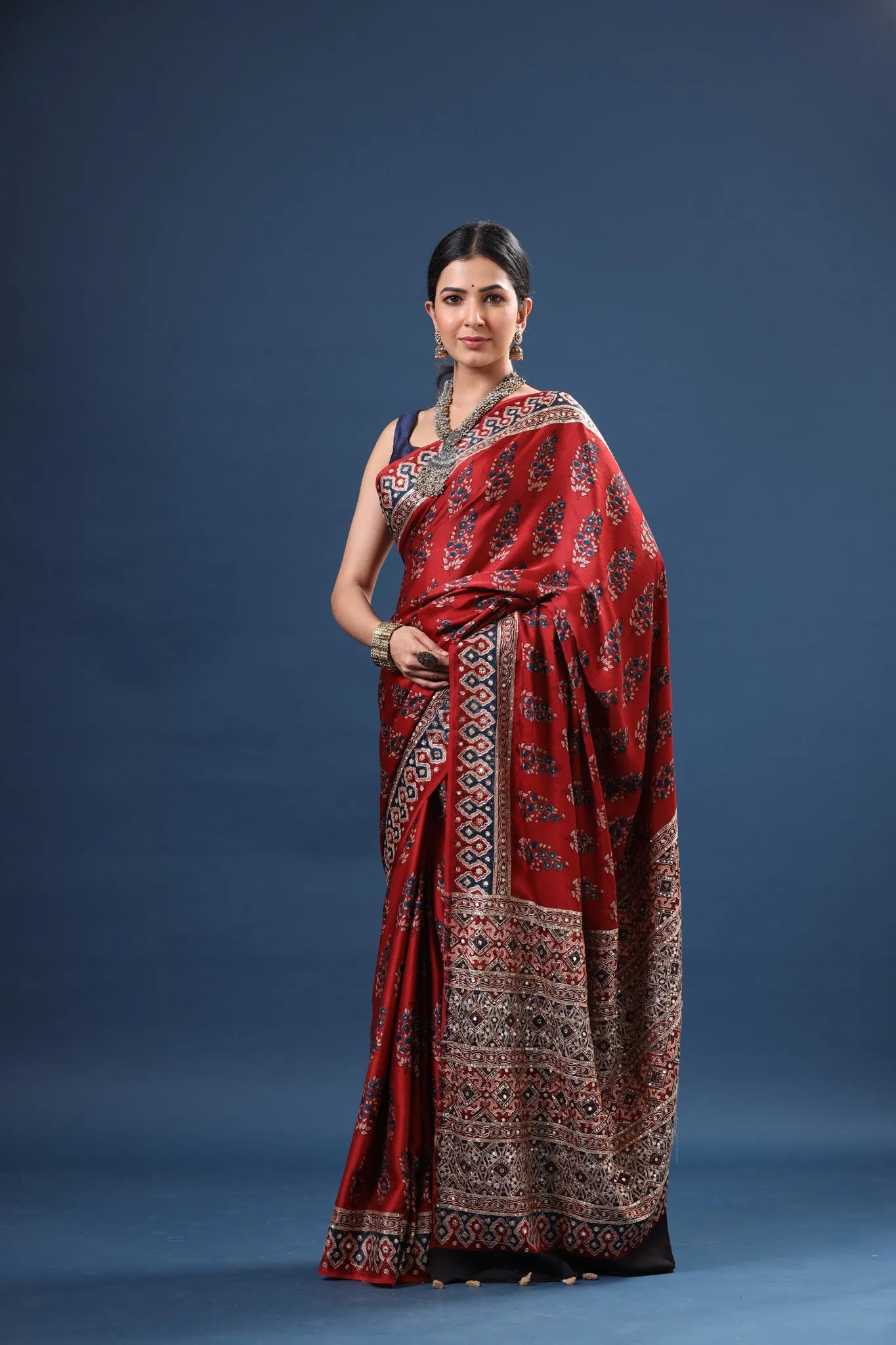 90Z619-RO Red Ajrakh Print Modal Silk Saree