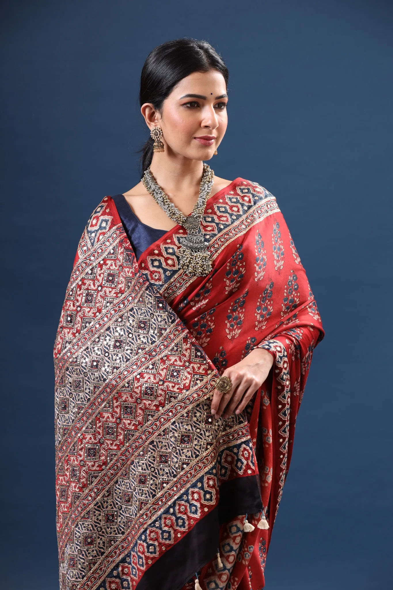 90Z619-RO Red Ajrakh Print Modal Silk Saree