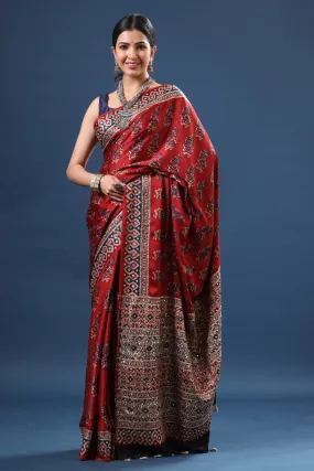 90Z619-RO Red Ajrakh Print Modal Silk Saree