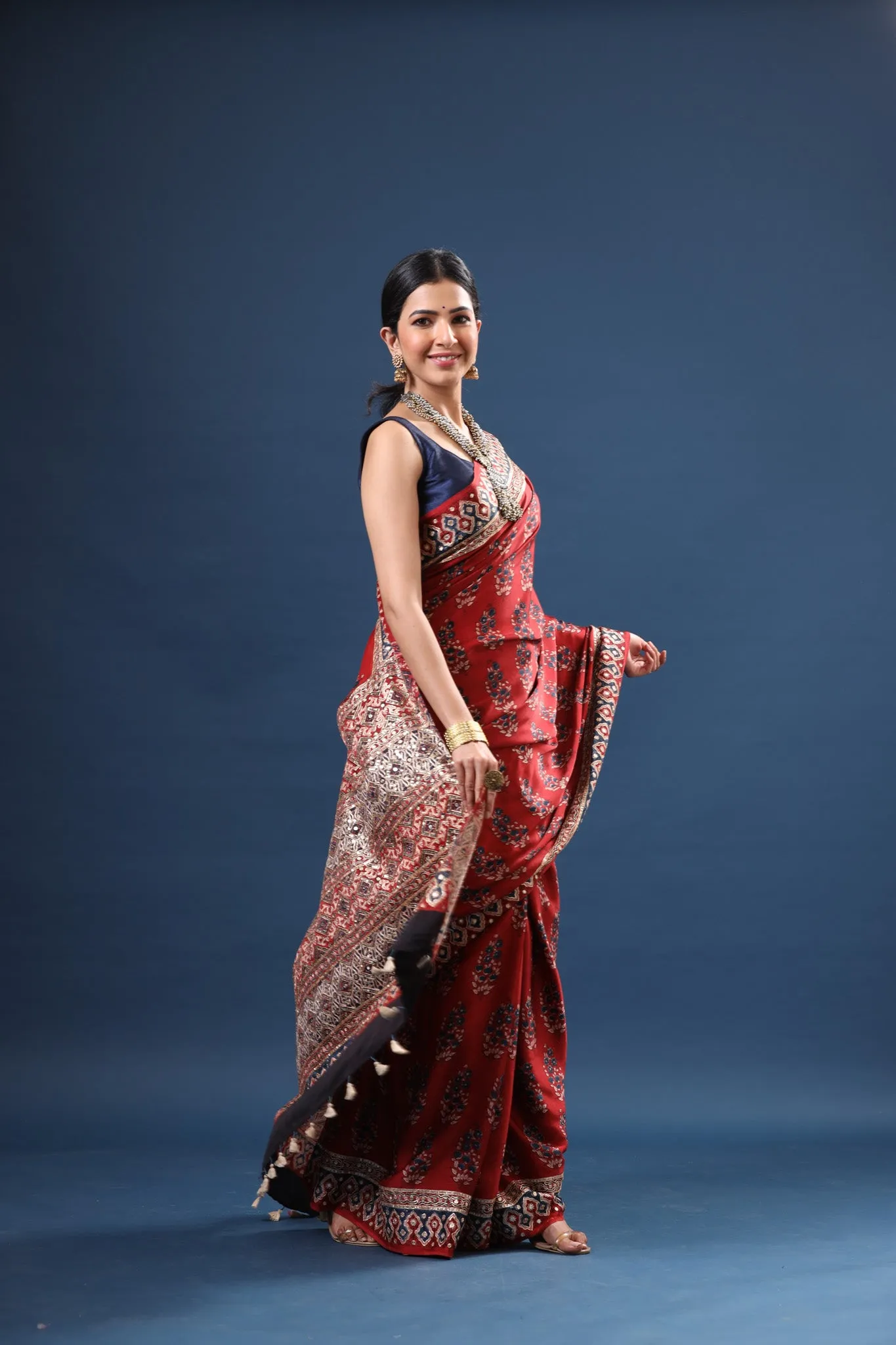 90Z619-RO Red Ajrakh Print Modal Silk Saree