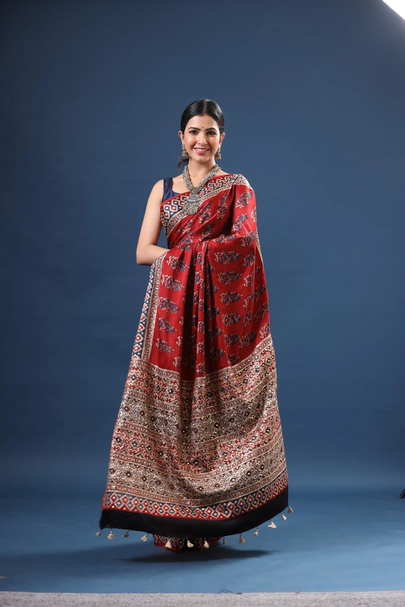 90Z619-RO Red Ajrakh Print Modal Silk Saree