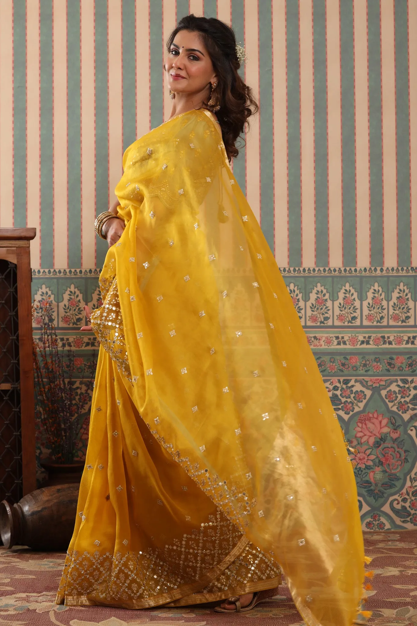 90Z621-NRO Yellow Organza Silk Sari with Green Embroidered Blouse