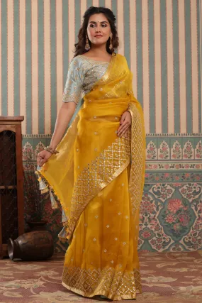 90Z621-NRO Yellow Organza Silk Sari with Green Embroidered Blouse