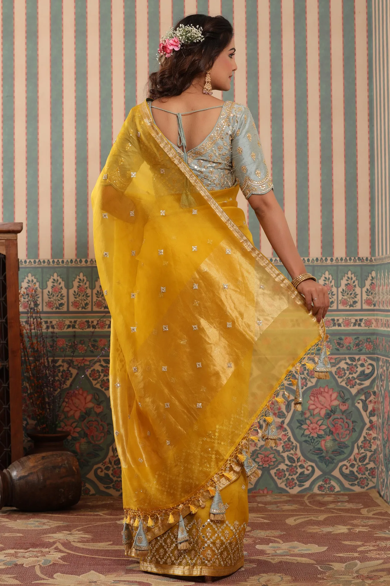 90Z621-NRO Yellow Organza Silk Sari with Green Embroidered Blouse