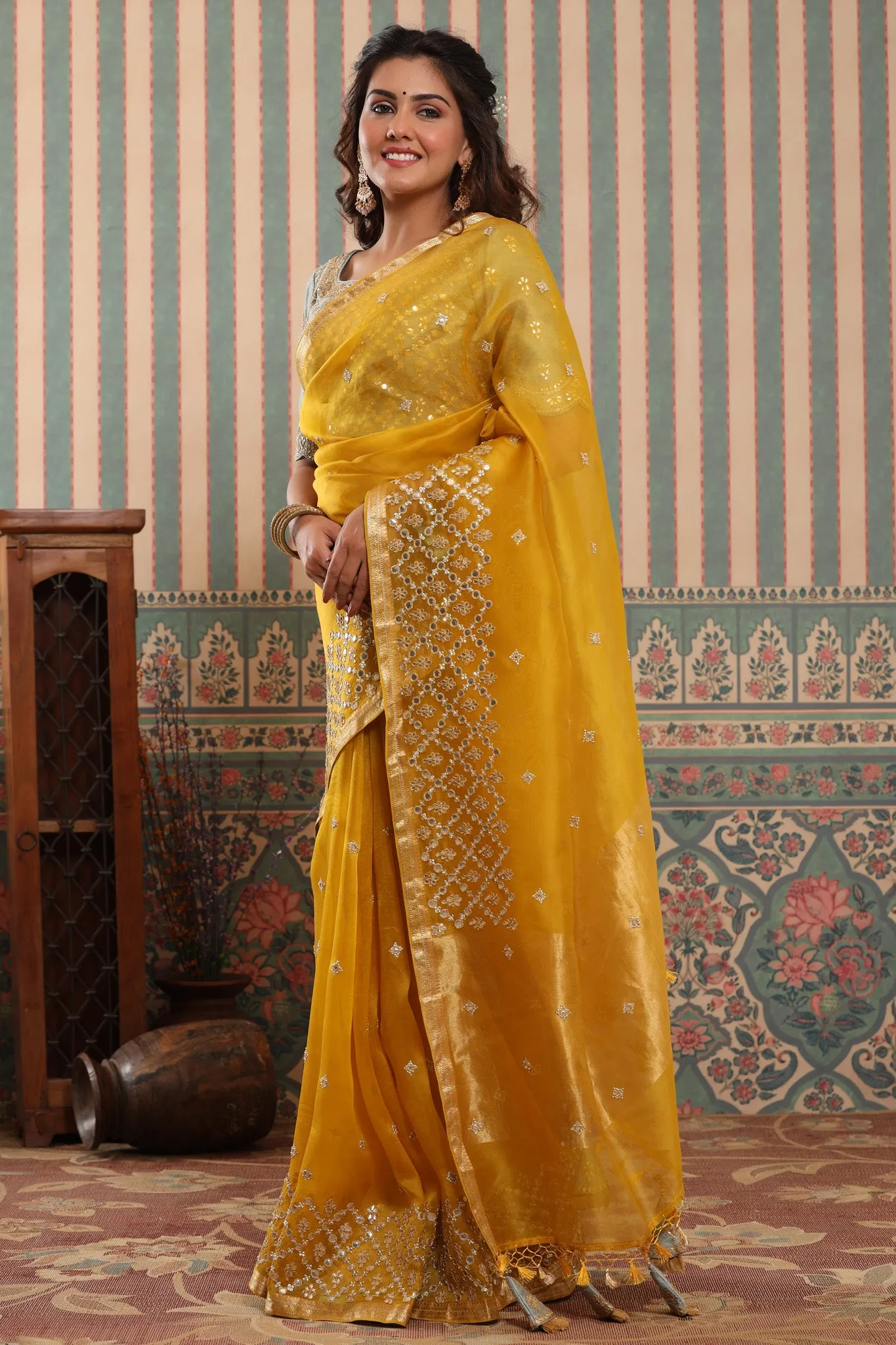 90Z621-NRO Yellow Organza Silk Sari with Green Embroidered Blouse