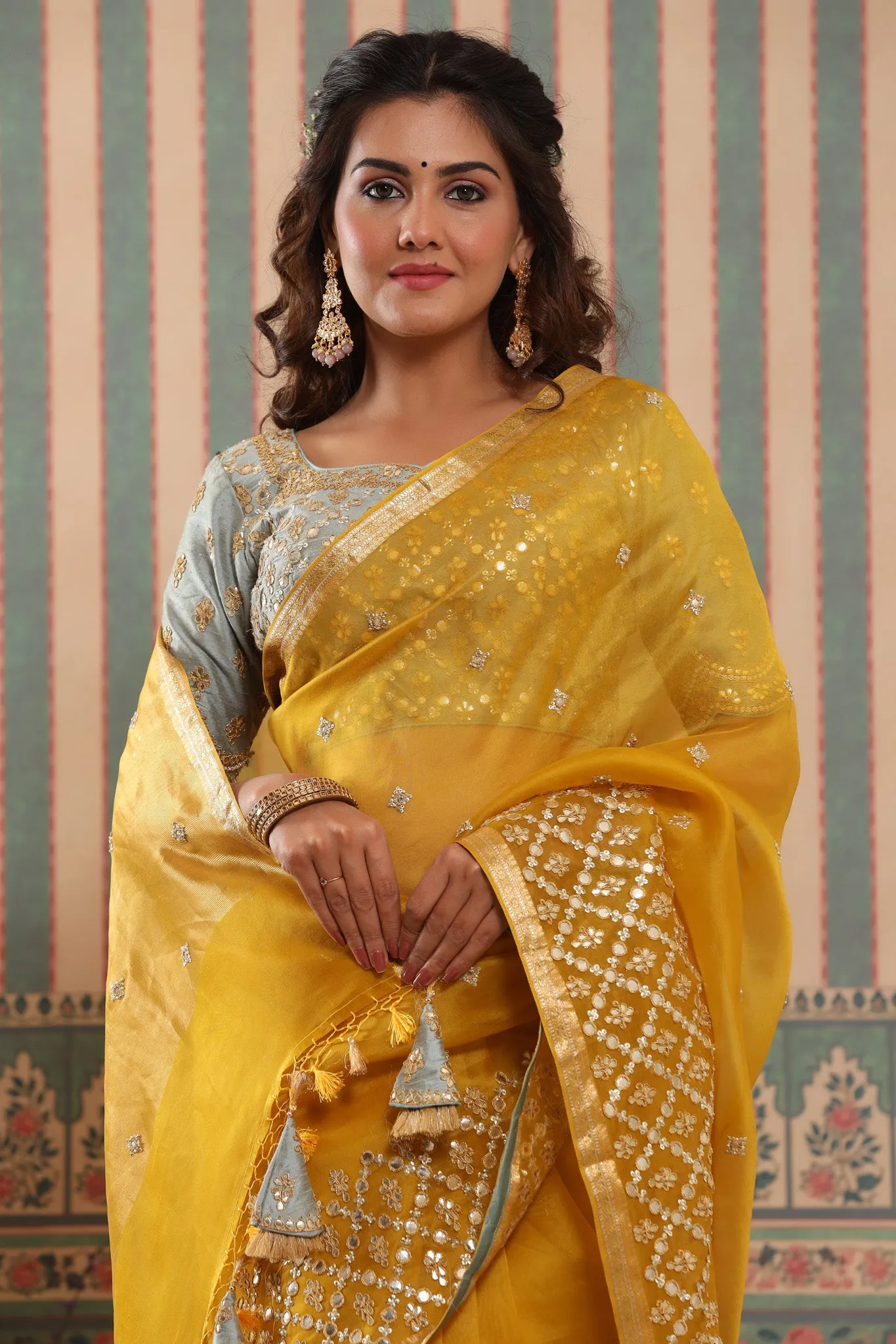 90Z621-NRO Yellow Organza Silk Sari with Green Embroidered Blouse