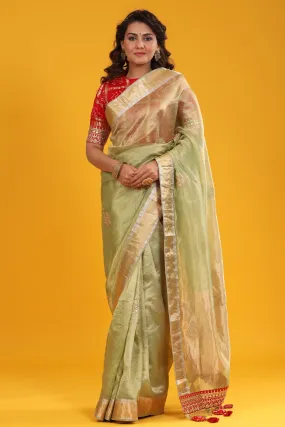 90Z626-RO Pista Green Embroidered Organza Banarasi Sari with Zari Border