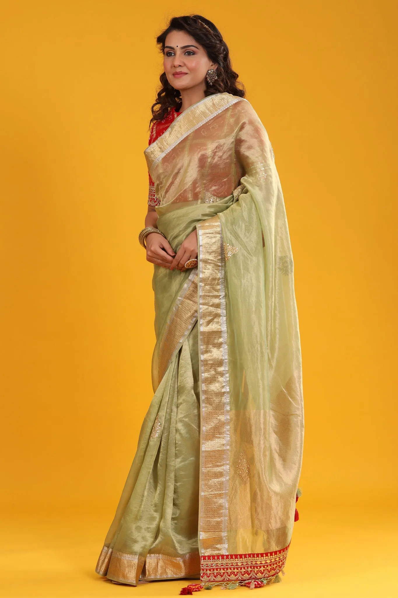 90Z626-RO Pista Green Embroidered Organza Banarasi Sari with Zari Border