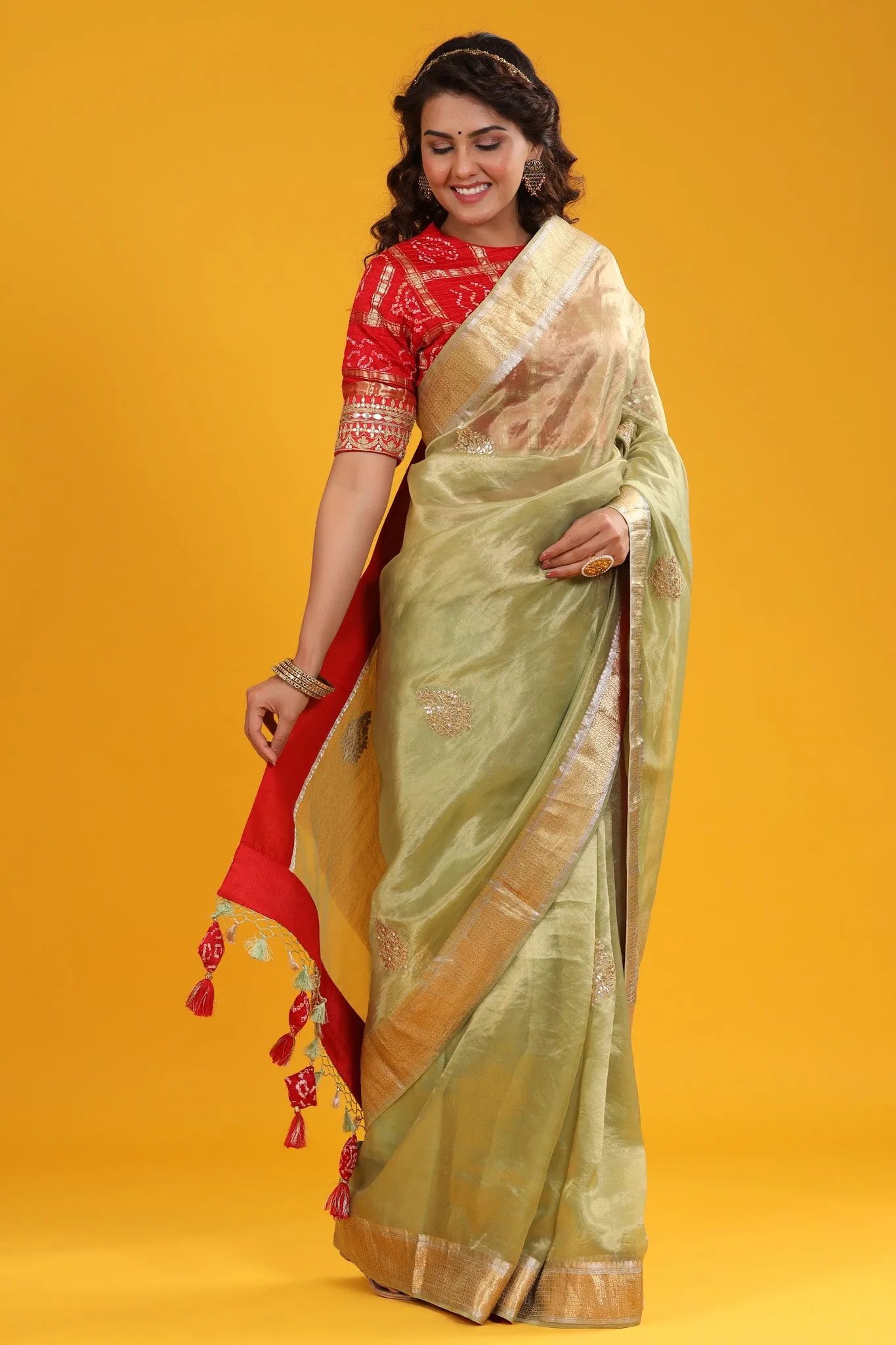 90Z626-RO Pista Green Embroidered Organza Banarasi Sari with Zari Border