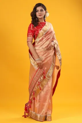 90Z628-RO Peach Golden Organza Banarasi Saree with Zari Border