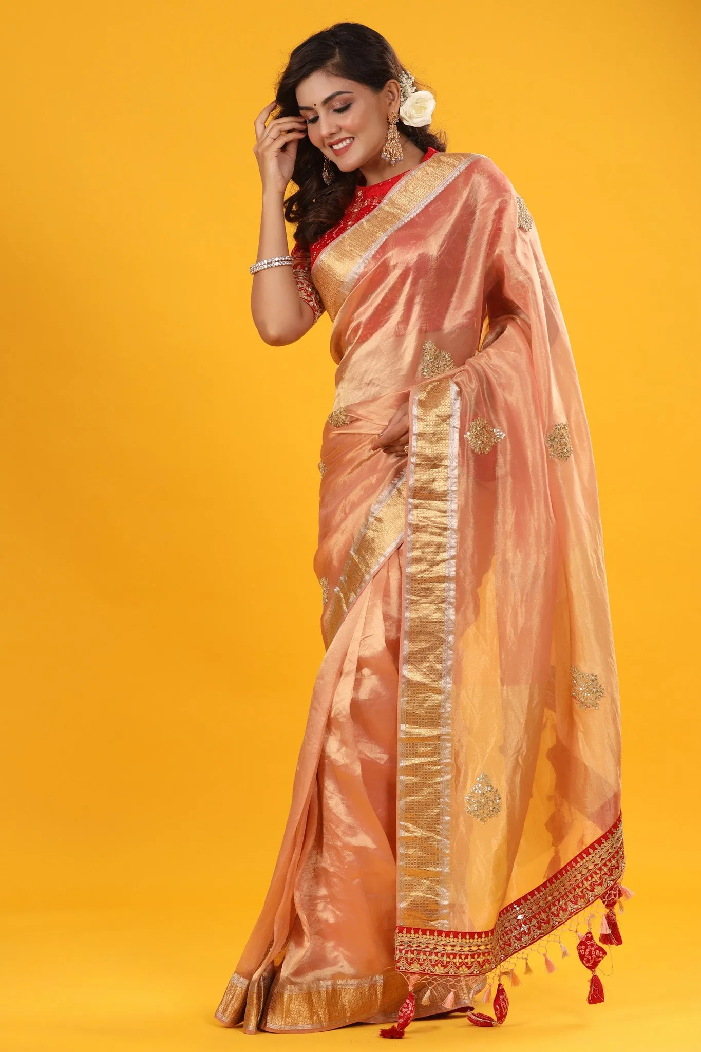 90Z628-RO Peach Golden Organza Banarasi Saree with Zari Border