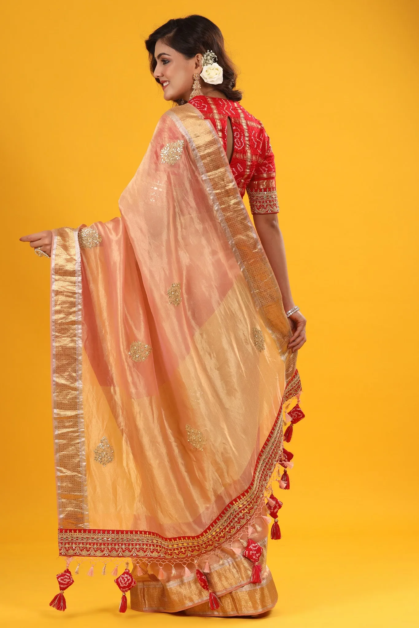 90Z628-RO Peach Golden Organza Banarasi Saree with Zari Border