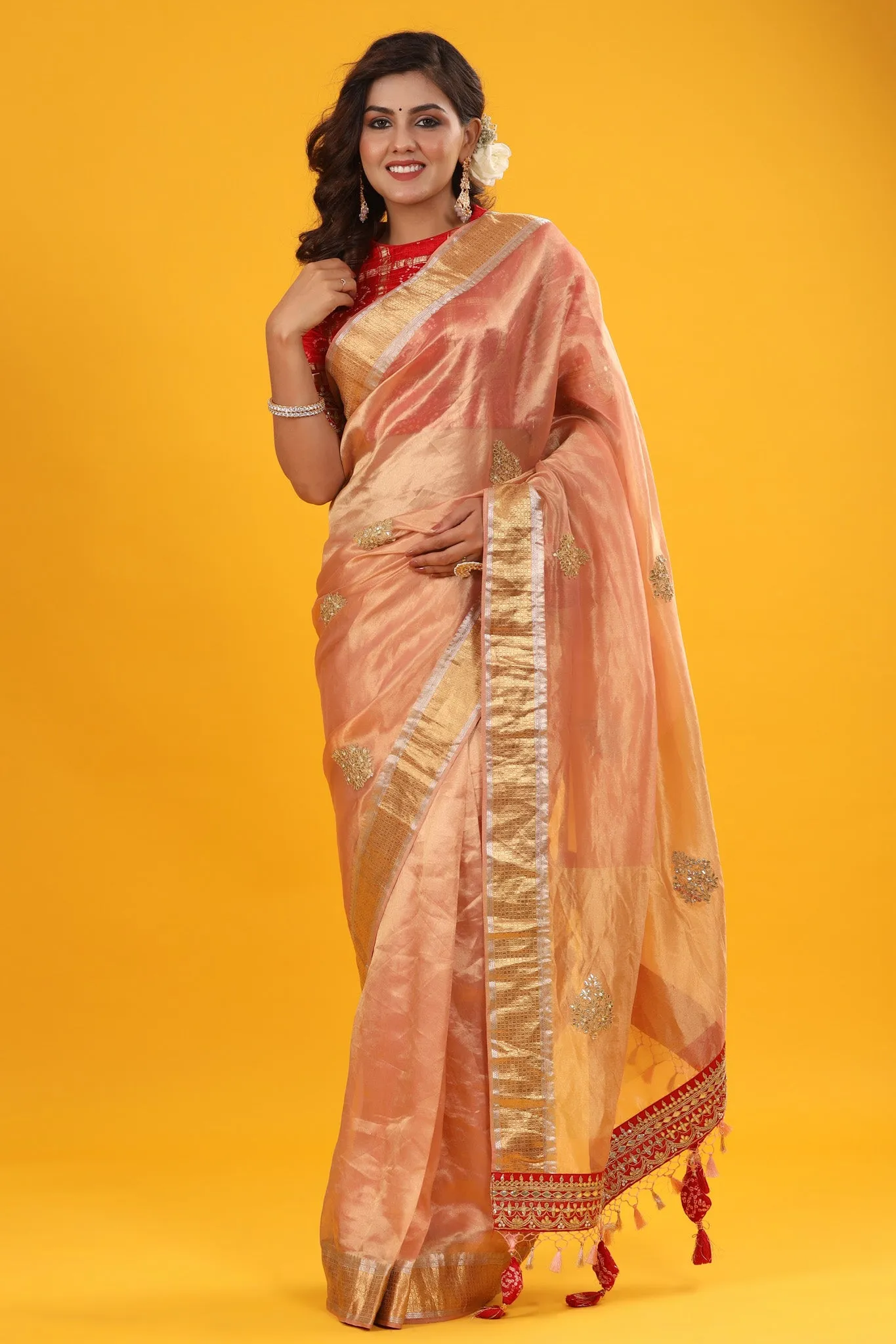 90Z628-RO Peach Golden Organza Banarasi Saree with Zari Border