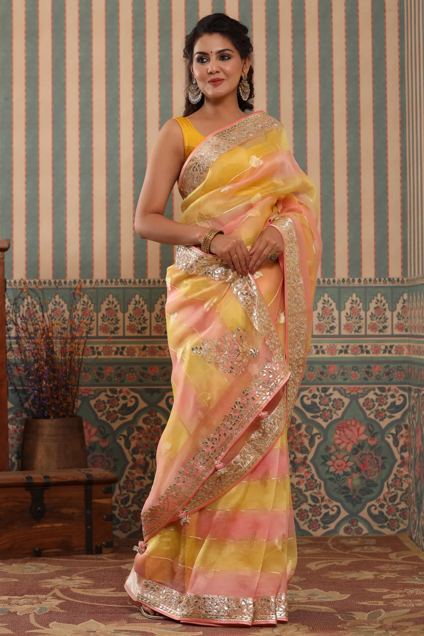 90Z637-RO Yellow and Peach Organza Saree with Gota Patti Border