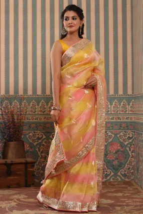 90Z637-RO Yellow and Peach Organza Saree with Gota Patti Border